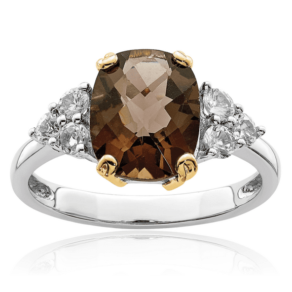 925 Sterling Silver Brown Smoky Quartz White Topaz Ring Gemstone Band