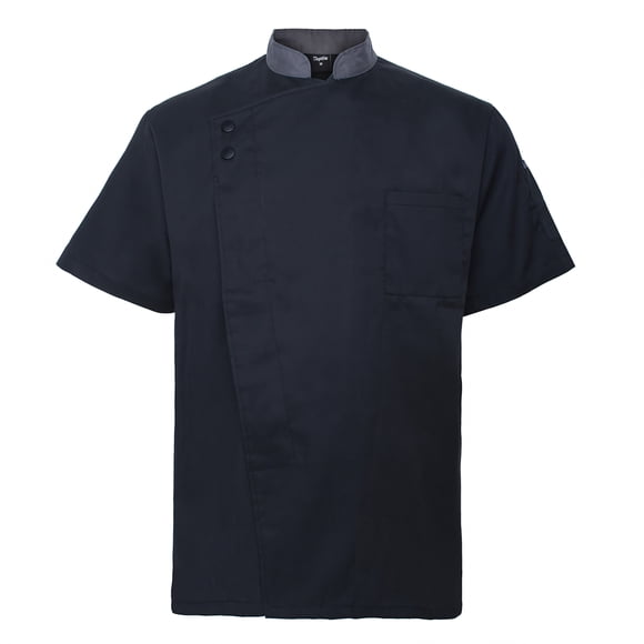 TOPTIE Unisex Short Sleeve Chef Coat Jacket, Black with Gray Collar