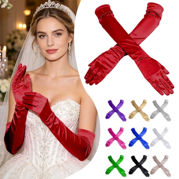 HuangHuanChen Satin Gloves for Women Solid Color Elegant Formal Long Opera Gloves Wedding Prom Long Opera Party 1920s Satin Tea Party Gloves Stretchy Elbow Length Bridal Gloves White One Size
