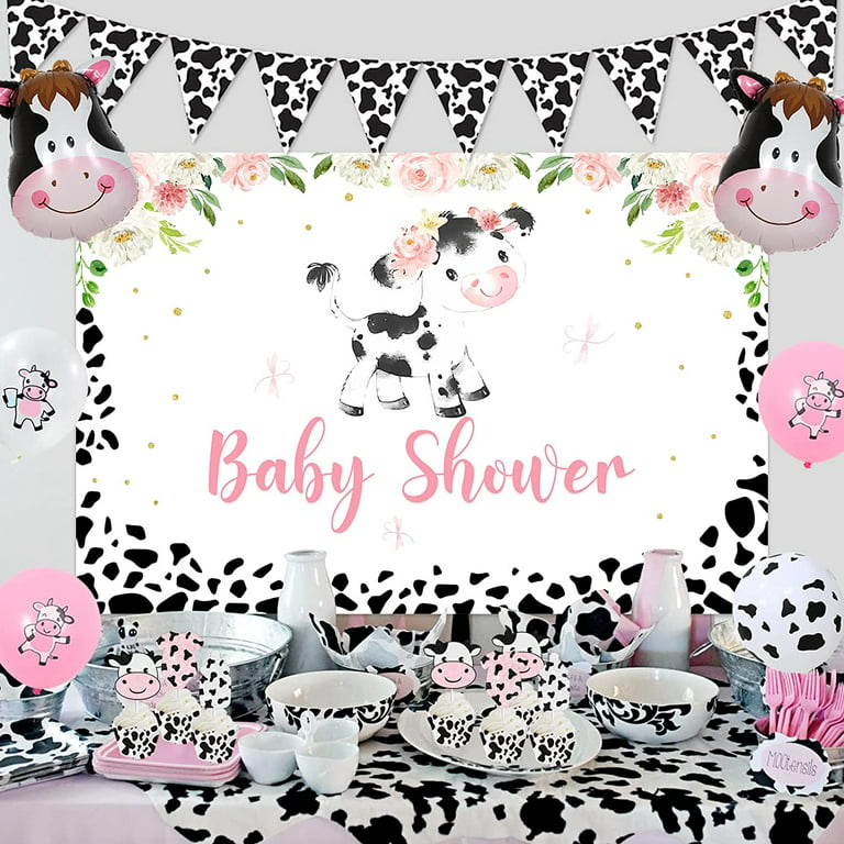 Cow Print Baby Shower Decorations for Girl, Cow Theme Baby Shower Backdrop, Welcome Baby Cake Topper, Cow Print Tablecloth Balloon, Farm Animal