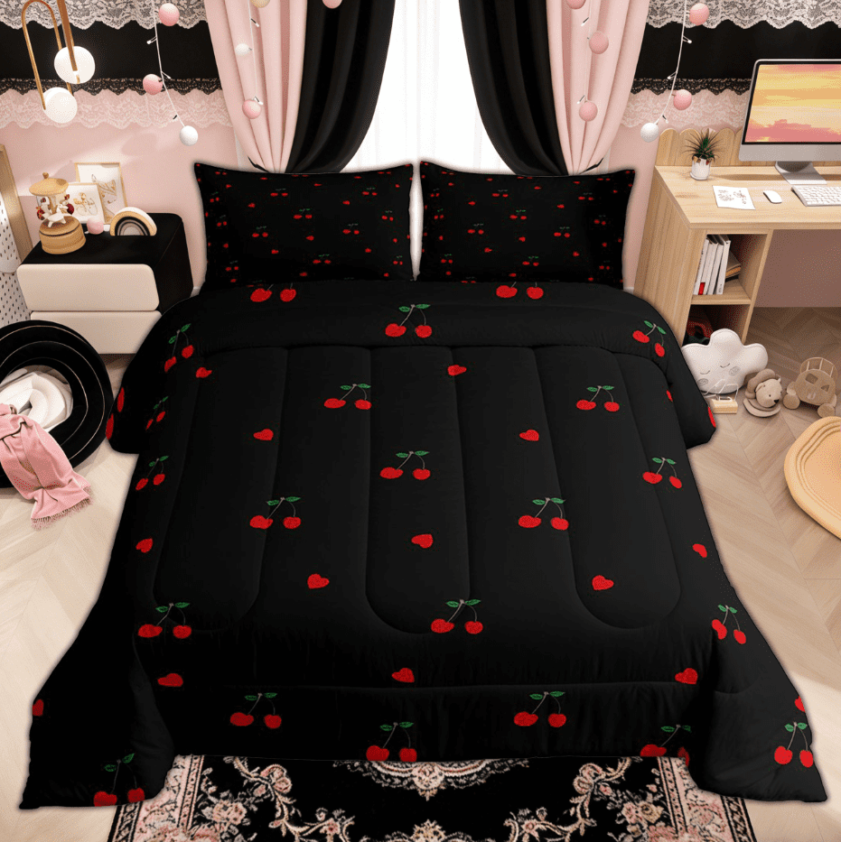 Manfei Kawaii Cute Cherry Full Size Comforter Sets for Kids Girls, Black Red Love Heart Bedding Comforter Set, Black Reversibles, 3pcs