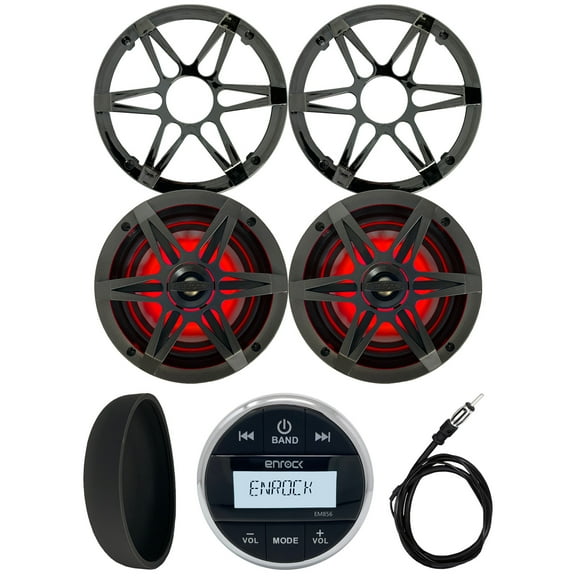 Enrock Marine Gauge Style Media Center Bluetooth USB AUX Receiver Bundle Combo with 2x 6.5" Waterproof 2-Way MultiColor LED Speakers with Chrome/Charcoal Grilles, Radio Cover, Wired AM/FM Antenna