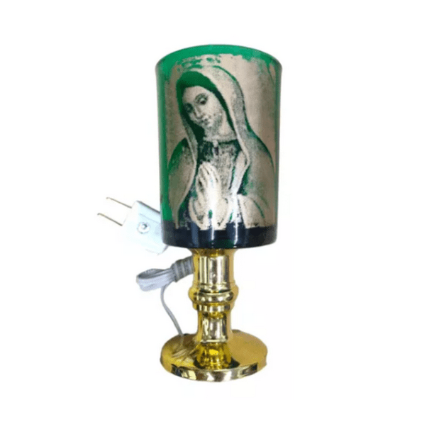 Lampara Tipo Veladora AGL Vaso Verde Imagen Virgen Foco Normal INCLUYE FOCO E12