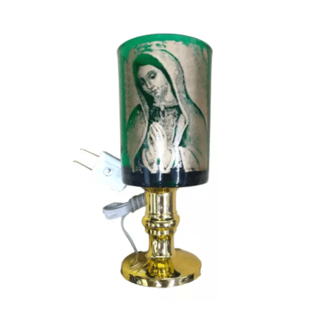 Lampara Tipo Veladora AGL Vaso Verde Imagen Virgen Foco Normal INCLUYE FOCO E12