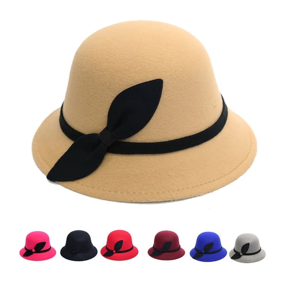 Women's Faux Wool Bucket Hat with Decorative Bow Fashion Bowler Style Headwear