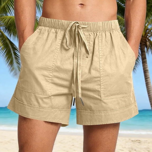 Yaoyar Shorts for Men Trendy Summer 2026 Casual Beach Cotton Linen Drawstring Elastic Waist Plus Size Shorts Pockets