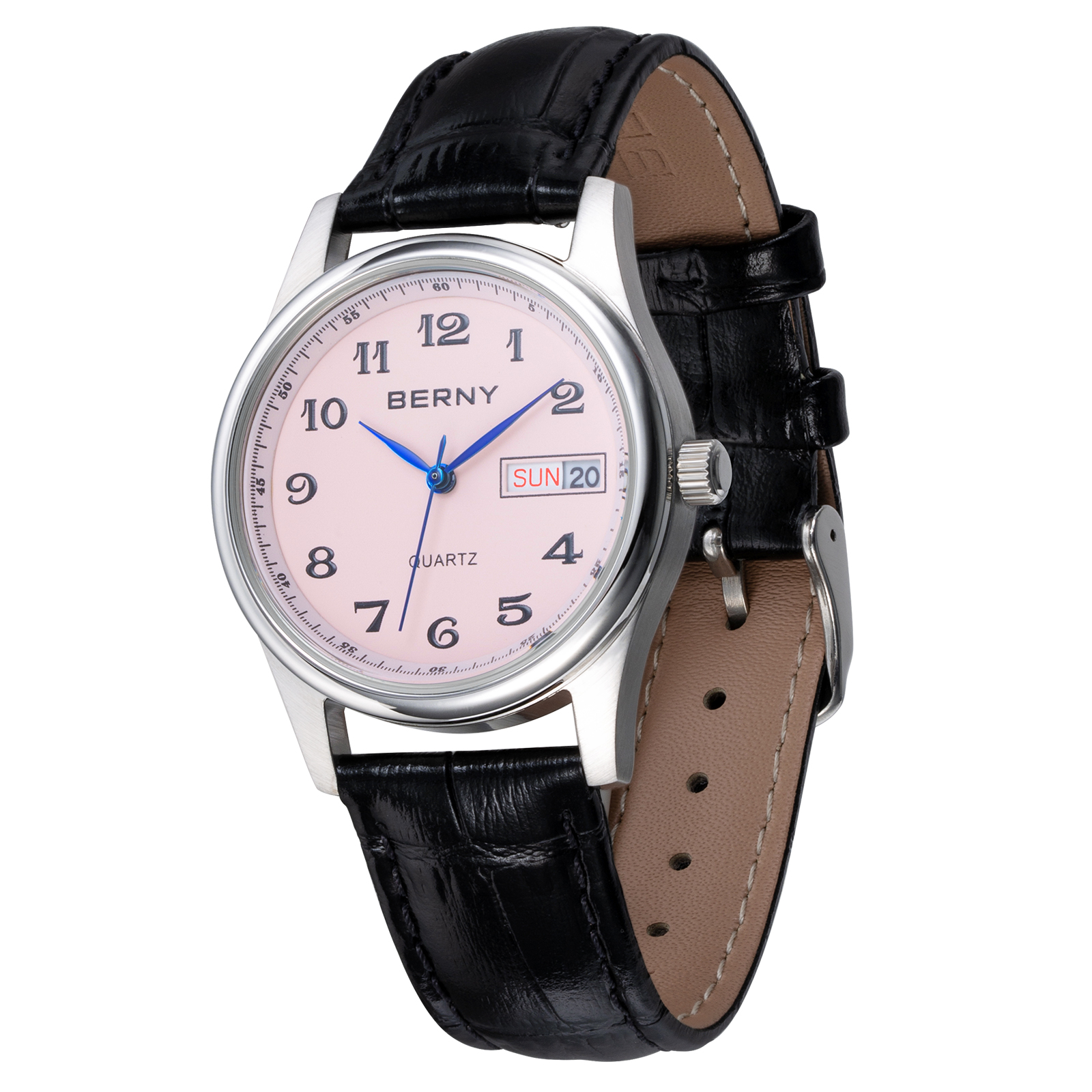 BERNY Watch for Women, Fashion Women's Wrist Watch with Leather Strap, Arabic Numerals Dial, Day & Date Calendar, 3ATM Waterproof, Classic Analog Ladies Quartz Watch, Pink