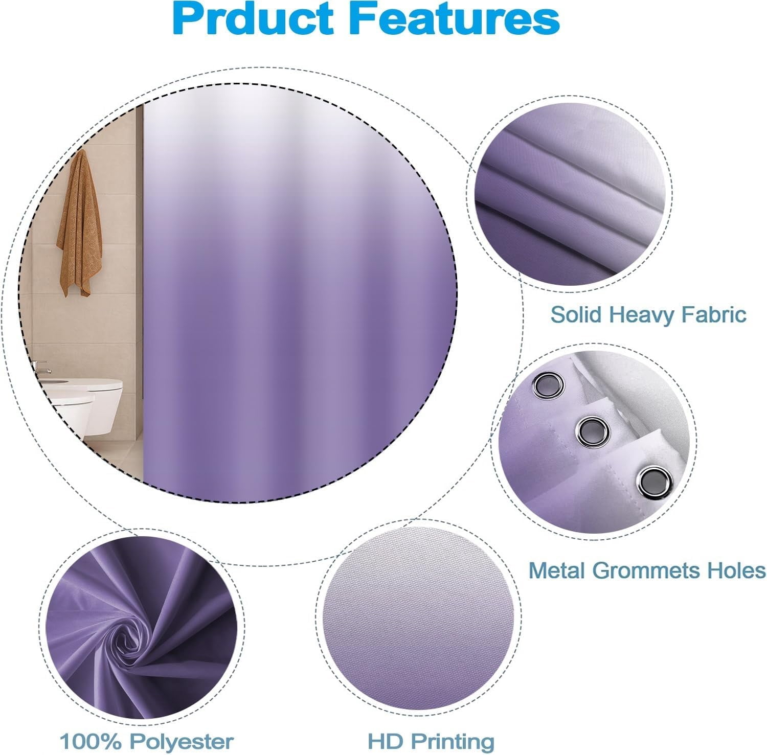 Lavender Shower Curtain Set with Hooks Modern Ombre White Purple Shower Curtains for Bathroom Hotel Dorm Solid Boho Waterproof Fabric Shower Curtain 84x72inches