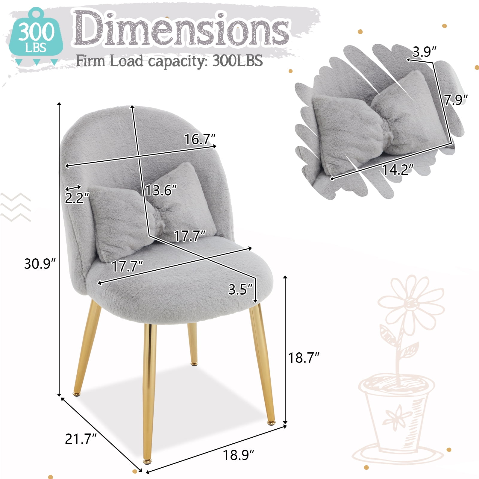 Ktaxon Vanity Makeup Chair Comfy Accent Chair Small Office Chair for Living Dining Room Bedroom Home Office Faux Rabbit Hair Gray