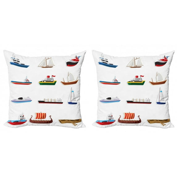 Marine Throw Pillow Cushion Cover Pack of 2, Old and New Different Types of Sailboats and Ships in Cartoon Style Nautical, Zippered Double-Side Digital Print, 4 Sizes, Multicolor, by Ambesonne