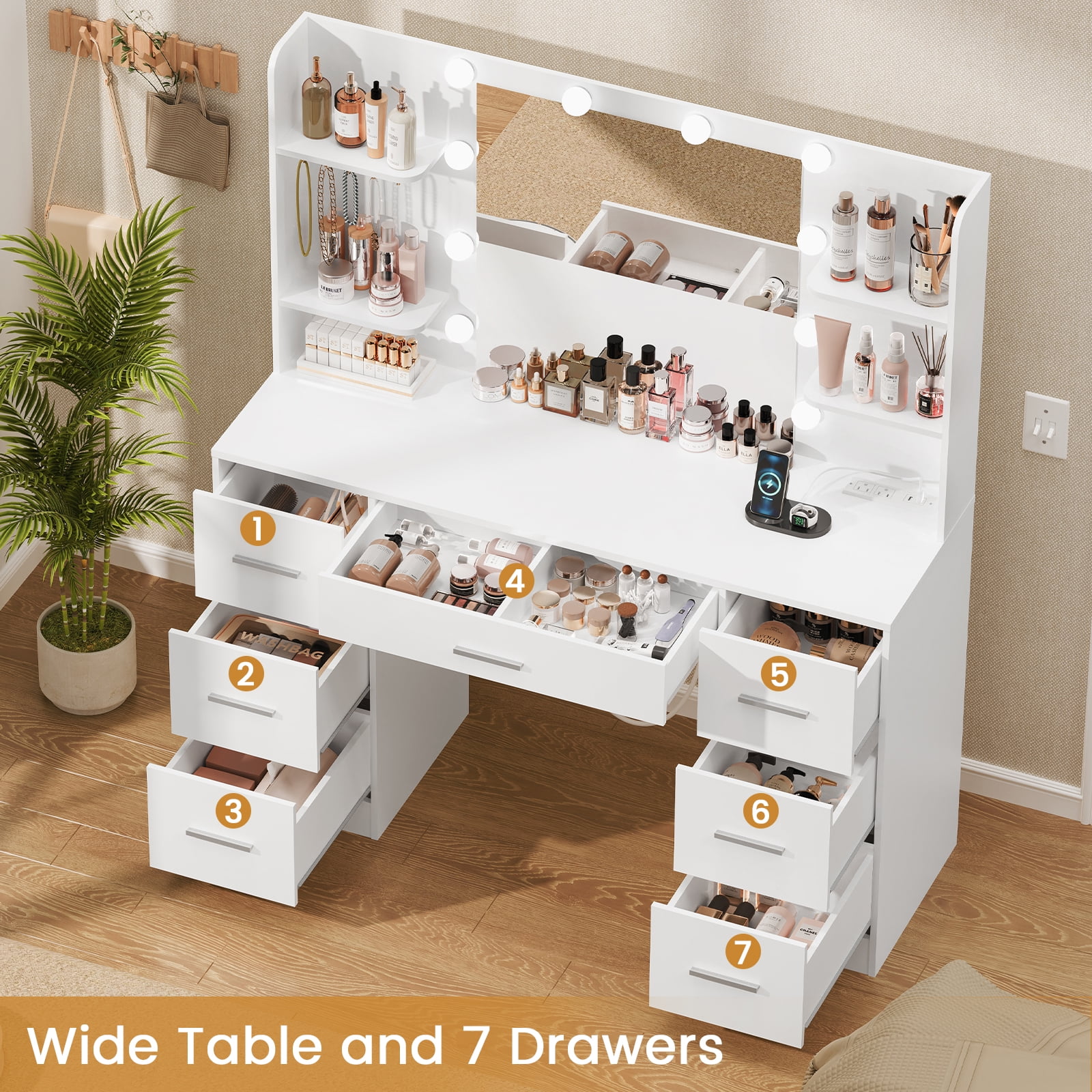 TEENFON Large Vanity Set with Mirror and Power Outlet, Makeup Vanity Desk with 7 Drawers, 4 Shelves and 5 Hooks,Vanity Table for Bedroom, White
