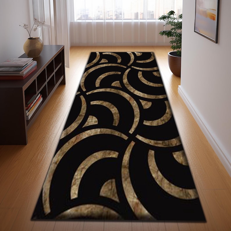 Marble Runner Rug, Luxury Black Gold Runner Rug, Modern Geometric Hallway Rug, Elegant Entryway Rug, Corridor Rug, Washable Rug, Floor Rug 60x18in/5x1.5ft
