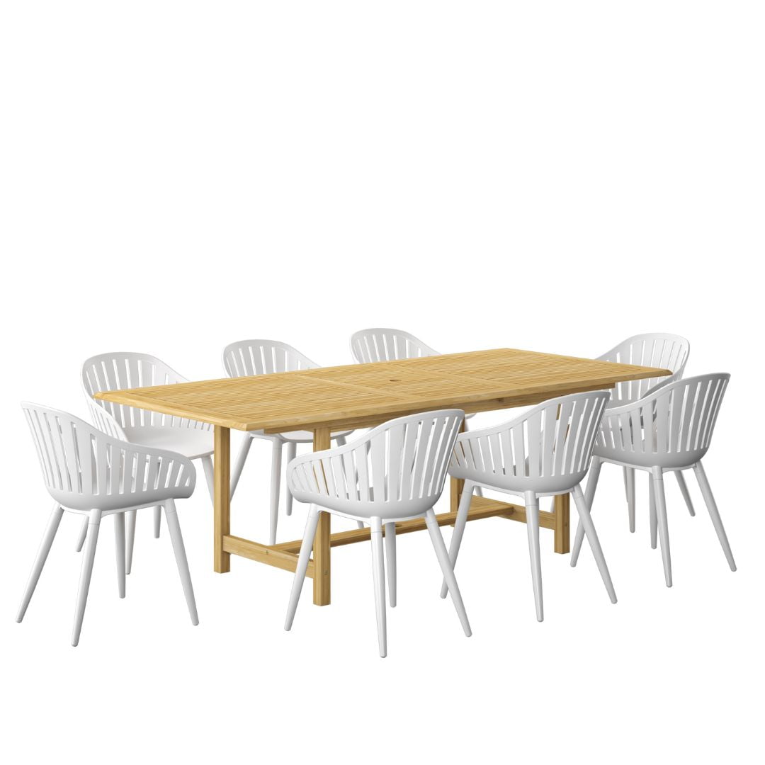 Amazonia Pipa 9-Piece Patio Dining Table Set | Certified Teak & Aluminium | Ideal for Outdoors and Indoors, White