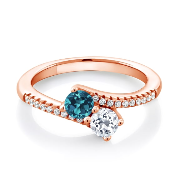 Gem Stone King 18K Rose Gold Plated Silver London Blue Topaz and White Topaz Bypass Ring for Women (0.90 Cttw, Gemstone November Birthstone, Round 4MM, Size 7)