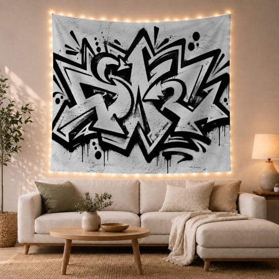 Scale Monochromatic Graffiti with Piece Textured Resembles, Mystical Fantasy for Space Lovers, Wall Decor, Housewarming Gift, Tapestry Wall Hanging for Dorm and Living Room