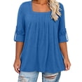thumbnail image 5 of RYRJJ Plus Size Tops for Women 3/4 Rolled Sleeve Tunics Pleated Front Square Neck T-Shirts Dressy Casual Loose Fit Blouses, 5 of 9