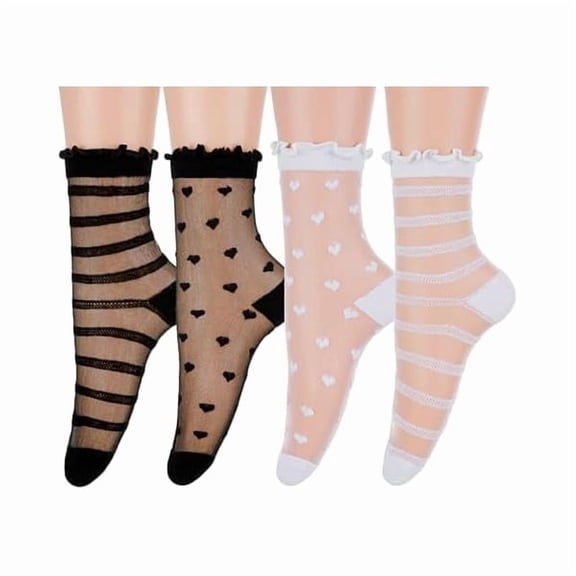 Eryueer 4 Pairs Ruffle Sheer Socks - White and Black Sheer Socks Women Ankle - Transparent Heart Stripe Pattern Ankle Stockings for Women
