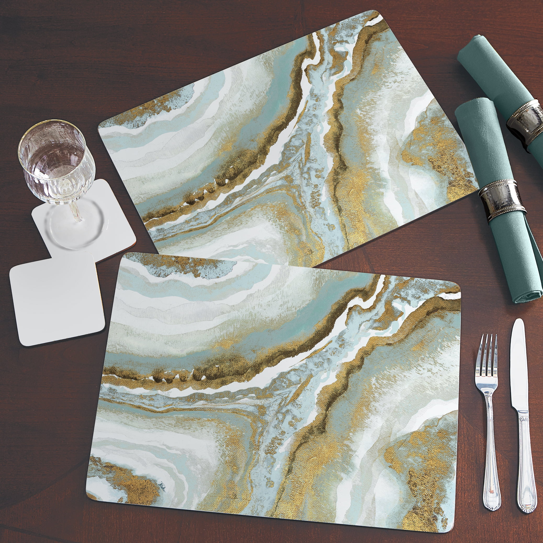 Cala Home "Teal Agate" Premium Decorative Hardboard Cork Back Tabletop Placemats 4 Pack