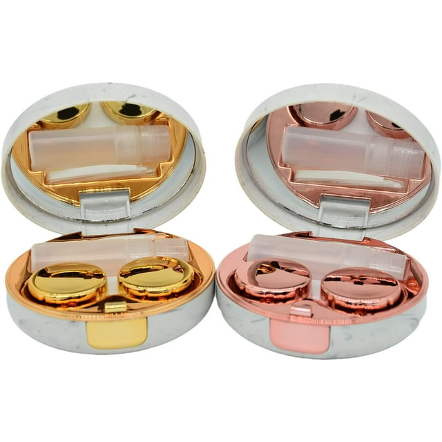 2 Pack Marble Contact Lens Case All In One Travel Contact Container Soak Storage Kit(Rose Gold + Gold)