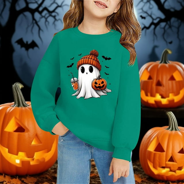 Chandail à Col Rond à Manches Longues pour Enfants, Décontracté et Tendance, Imprimé 2D d'Halloween, Vert
