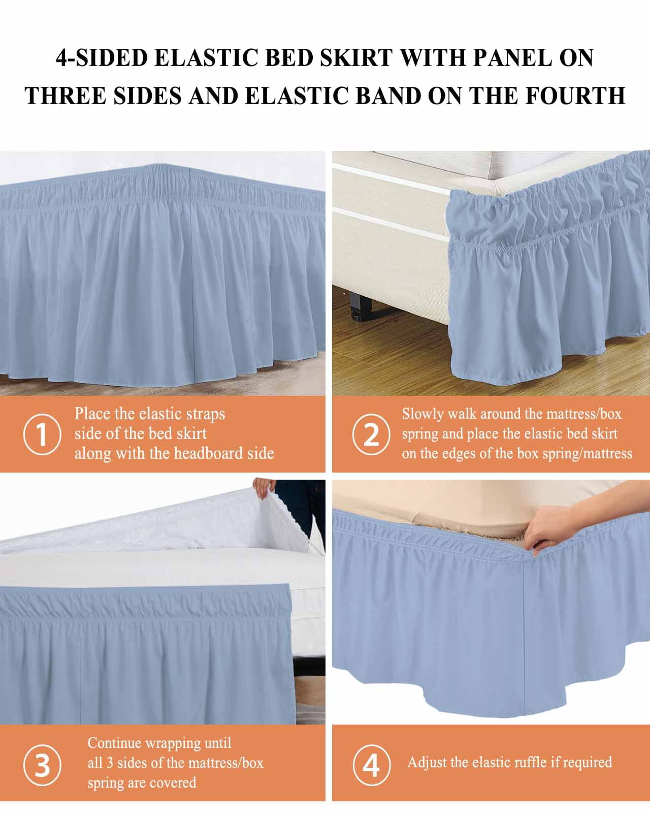 Light Blue Ruffle Bed Skirt Queen Size Solid Color Adjustable Elastic Dust Bed Skirts Wrap Around Bedskirt Wrinkle Free Easy Fit with 16 Inch Drop