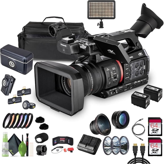 Panasonic AG-CX370 UHD 4K Pro Live Streaming Camcorder with NDI HX2 and Auto-Tracking  2x 64GB UHS-II SDXC Memory Card   2X Professional Telephoto Lens - 67mm   LARK M2 DUO 2-Person Microphone   More
