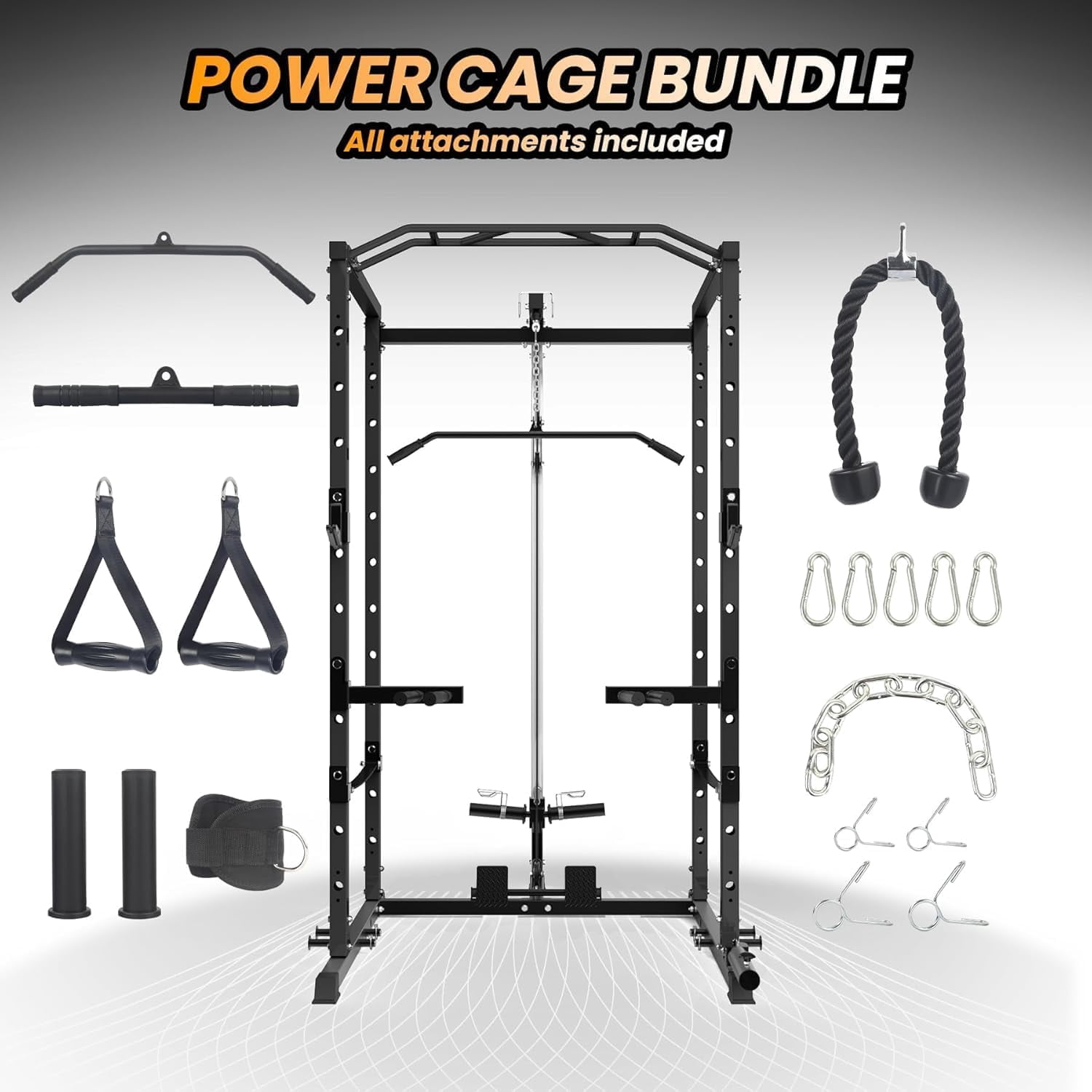 Power Cage with Pulley System, Compact Home Gym Strength Rack with Heavy-Duty Steel Frame, Integrated Safety Design and Multi-Function Attachments for Full-Body Training