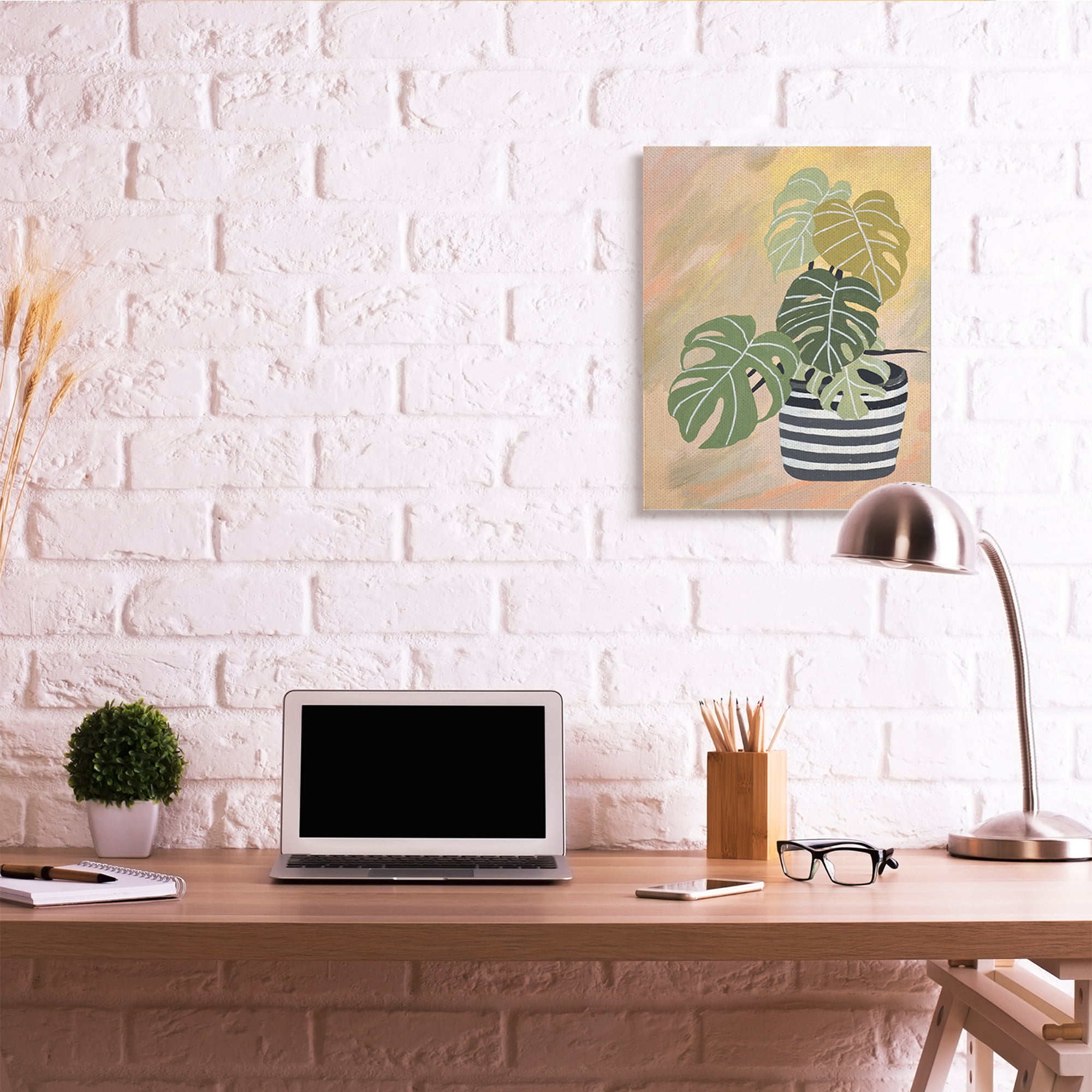 Stupell Industries Tropical Monstera Plant Unique Leaves Over Abstract Botanical & Floral Painting Gallery Wrapped Canvas Art Print Wall Art, 24 x 30