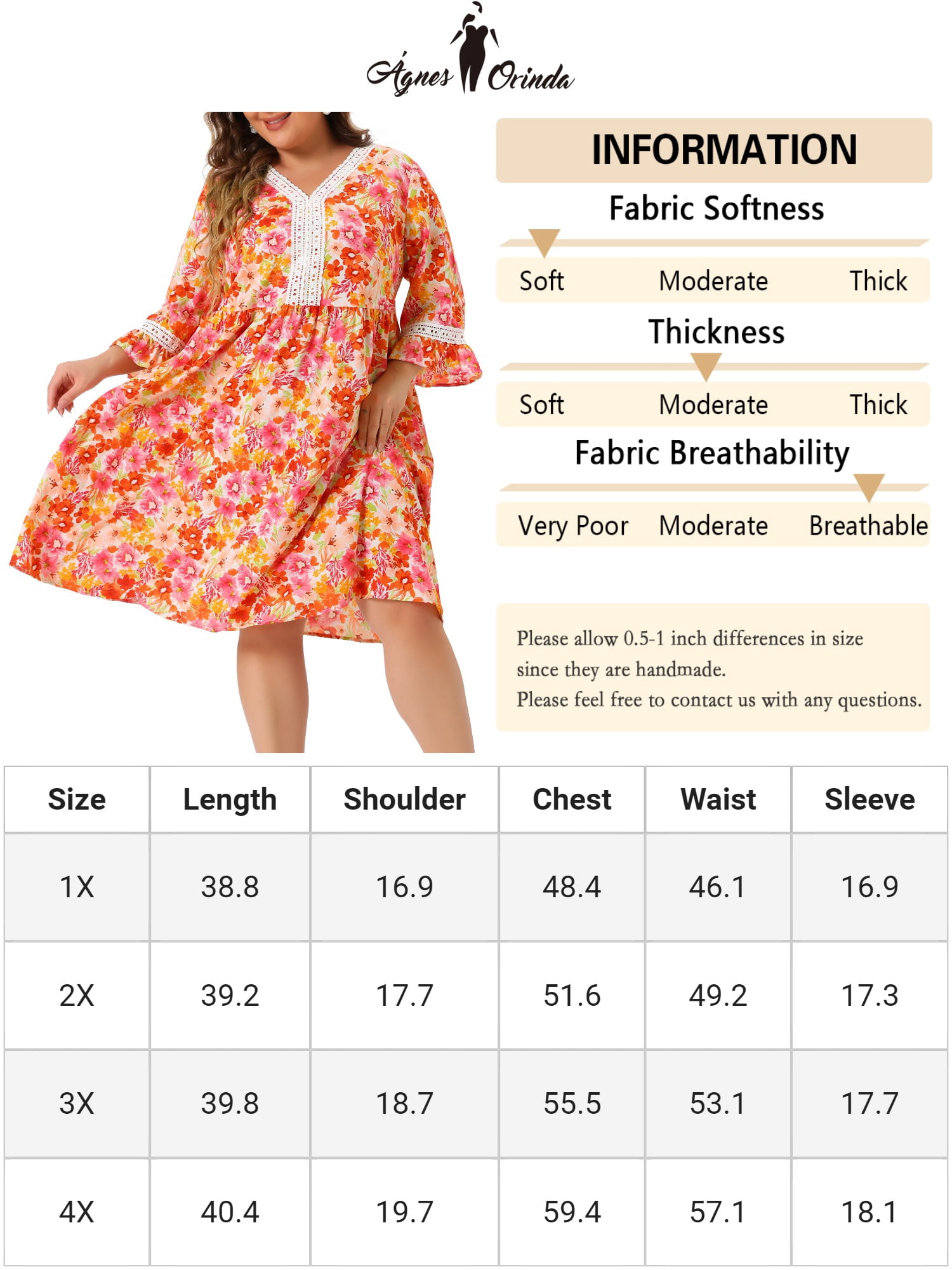 DARING DIVA Plus Size 3/4 Sleeve Lace Hollow Ruffle Midi Flare Dress 2X Orange