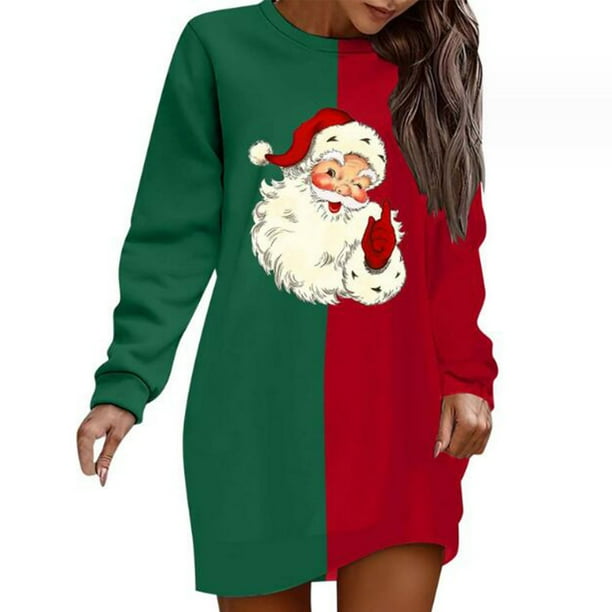 WILLBEST Sudadera Informal de Mujer con Estampado Navideño Interesante En Bloques de Color Verde y Rojo, Cuello Redondo, Manga Larga y Sin Capucha X-Grande