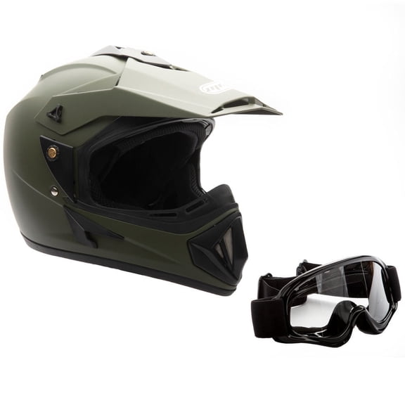 MMG Motorcycle Off-Road Helmet MX ATV Dirt Bike Matte Military Green with Goggles (Large) Model 30