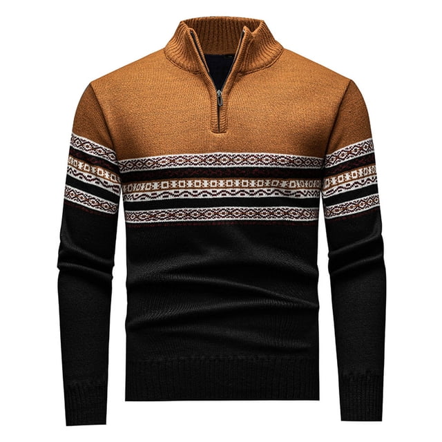 Mens Sweater,Casual Solid Color Splicing Standing Collar Zipper Pullover Knitted Long Sleeves,Sweaters for Men