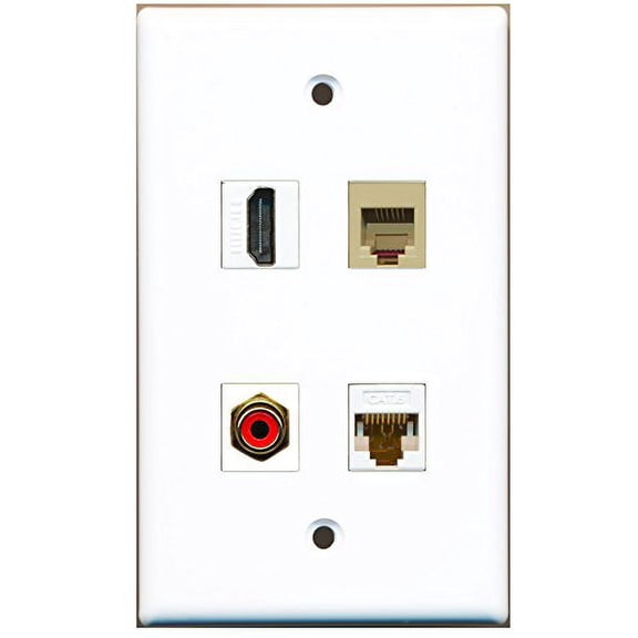 RiteAV - 1 Port HDMI 1 Port RCA Red 1 Port Phone RJ11 RJ12 Beige 1 Port Cat6 Ethernet White Wall Plate