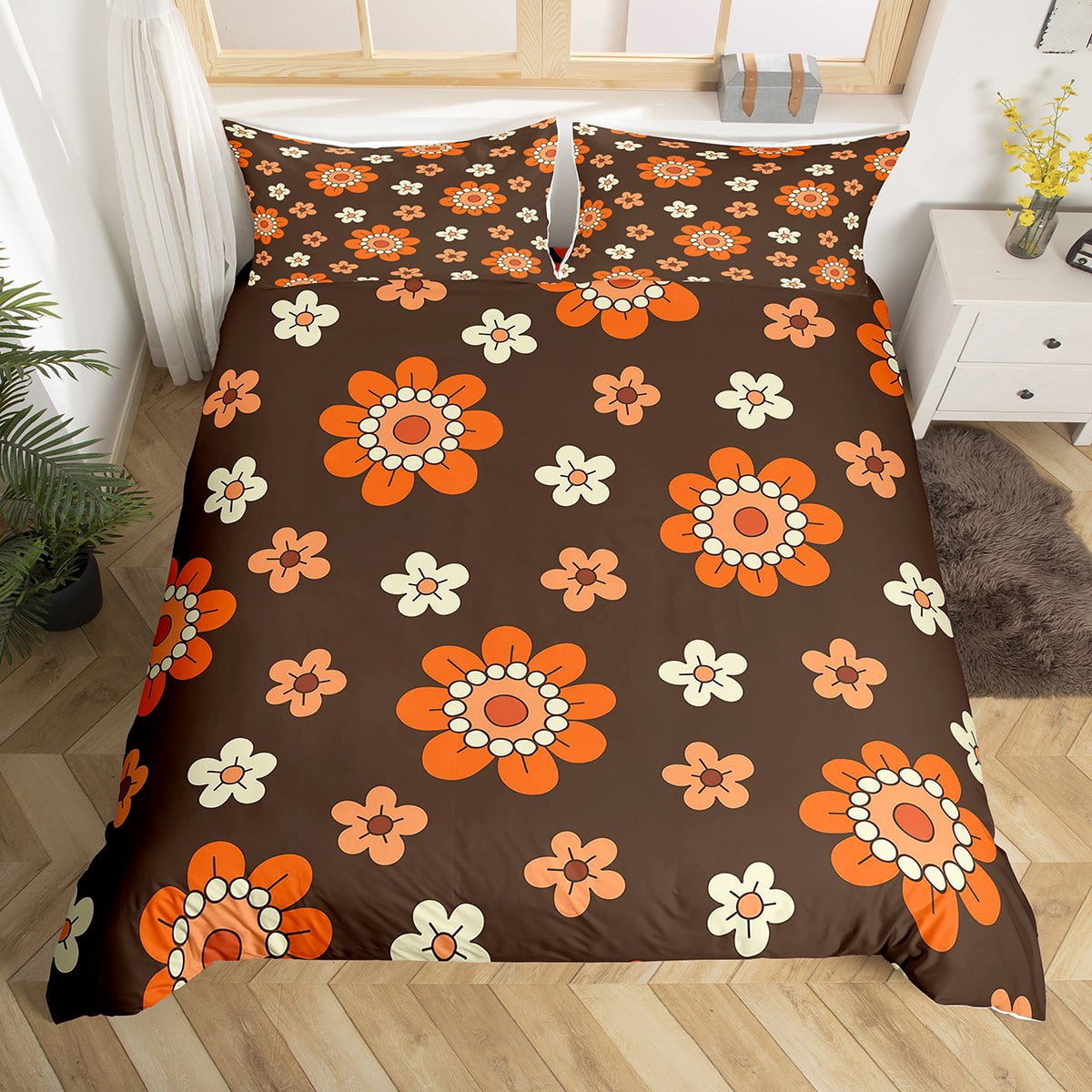 Vintage 1960 1970 Duvet Cover Twin Size,Cartoon Groovy Flower Bedding