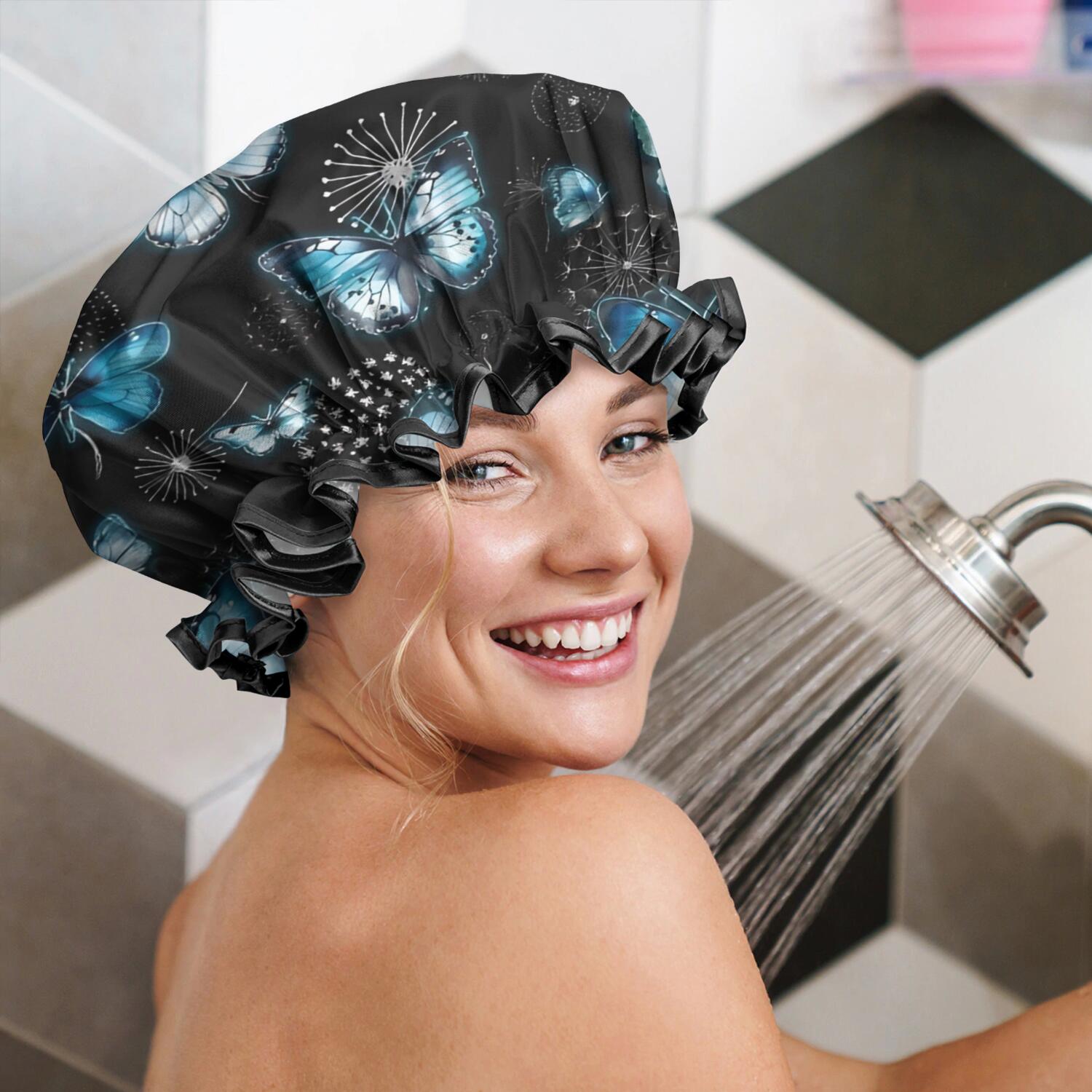 Shower Caps,Black Blue Butterfly Dandelion Pattern Waterproof Shower Cap for Women 4 Pieces,Double Reusable Hair Cover for Shower PEVA Elastic Stretch Hem