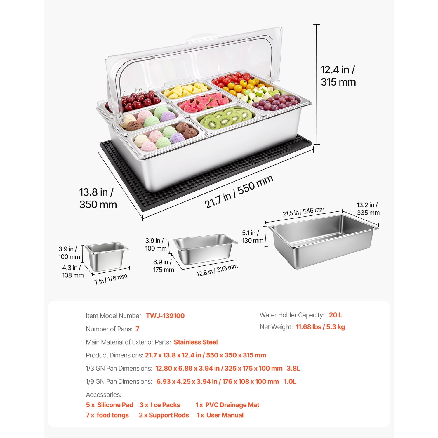 KFFKFF Countertop Food Serving Display Container, Stainless Steel Salad Server Tray, Buffet Condiment Holder, Ice-Cooled Rack with Clear Roll-Top Lid, Suitable for Restaurants (1x1/3+6x1/9 Pan)
