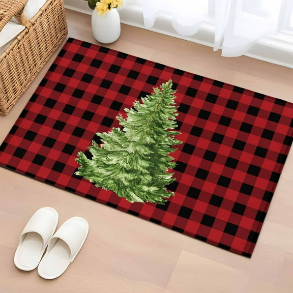 Christmas Tree Bathroom Rug Washable 2x3 Entryway Rug Non Slip Buffalo Plaid Xmas Pine Farmhouse Checker Front Door Mat Low Pile Indoor Doormat Throw Floor Carpet for Kitchen Bedroom Entrance