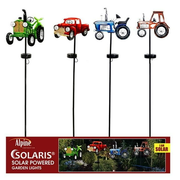 Alpine 8048338 36 in. Vintage Farm Vehicle Solar Garden Stake, Assorted Color - Pack of 12
