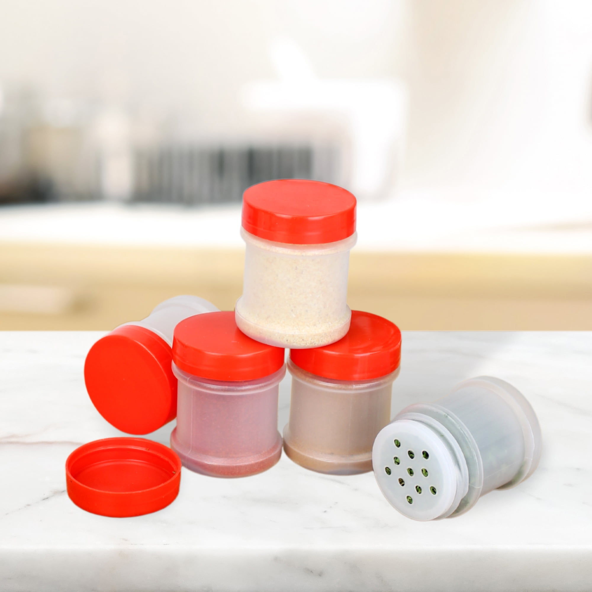 Spice Jars – 16 oz. clear plastic pet spice jars storage container bottle  with red two sided flip tops shaking sifter spoon caps – 6 sets – plus 2  mini spoons and 6 White indicating space labels – Decony