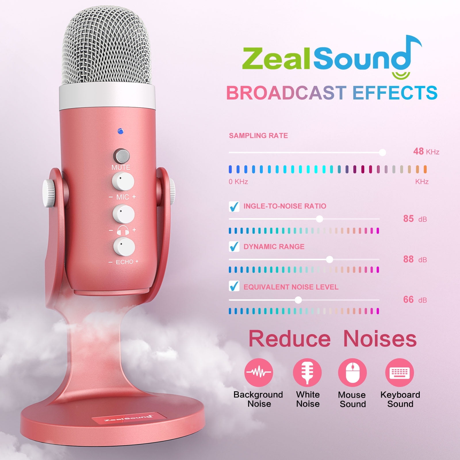 ZealSound Gaming USB Pink Microphone with Quick Mute for Phone Computer PC PS5,Studio Mic with Gain Control,Echo&Monitor Volume Adjust for Streaming Vocal Recording ASMR Podcast Video K66