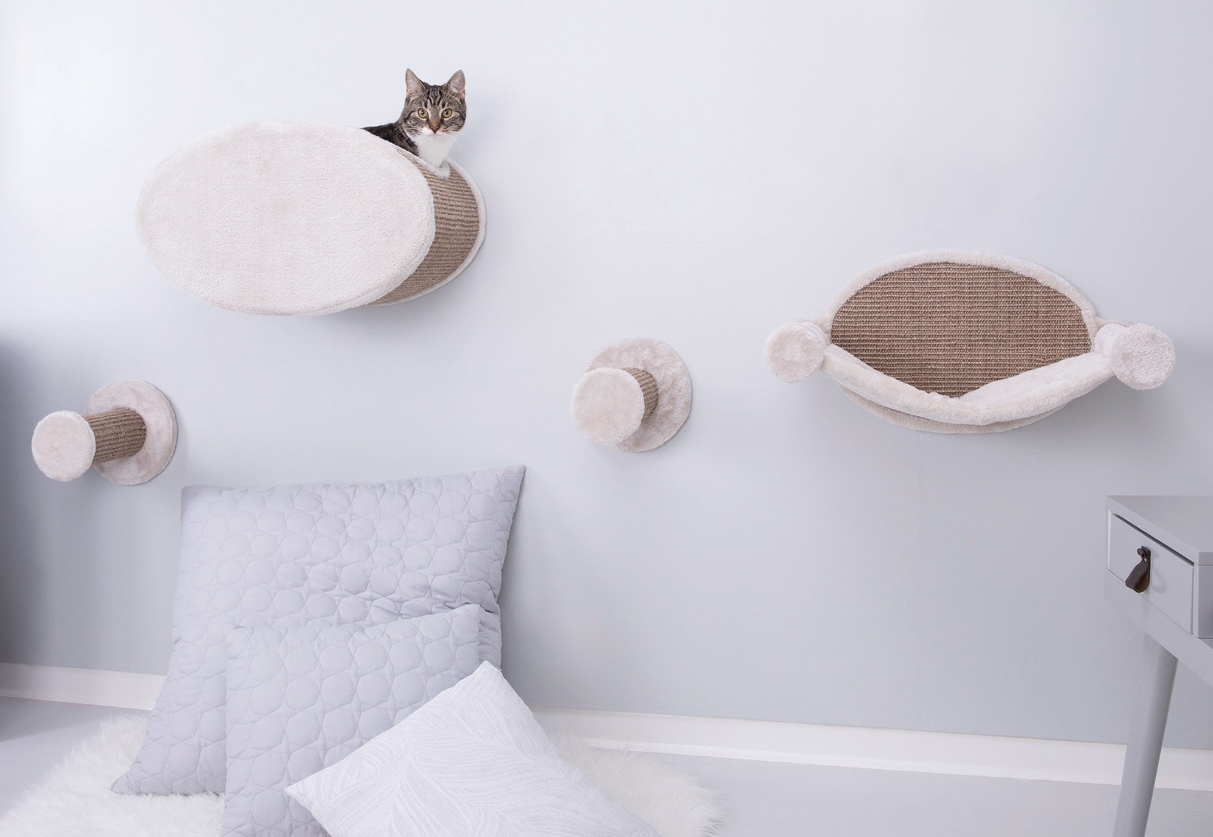 TRIXIE Plush & Sisal Cover Cat Perch with Steps Hammock & Condo, 4 Piece Set, Brown-Greige