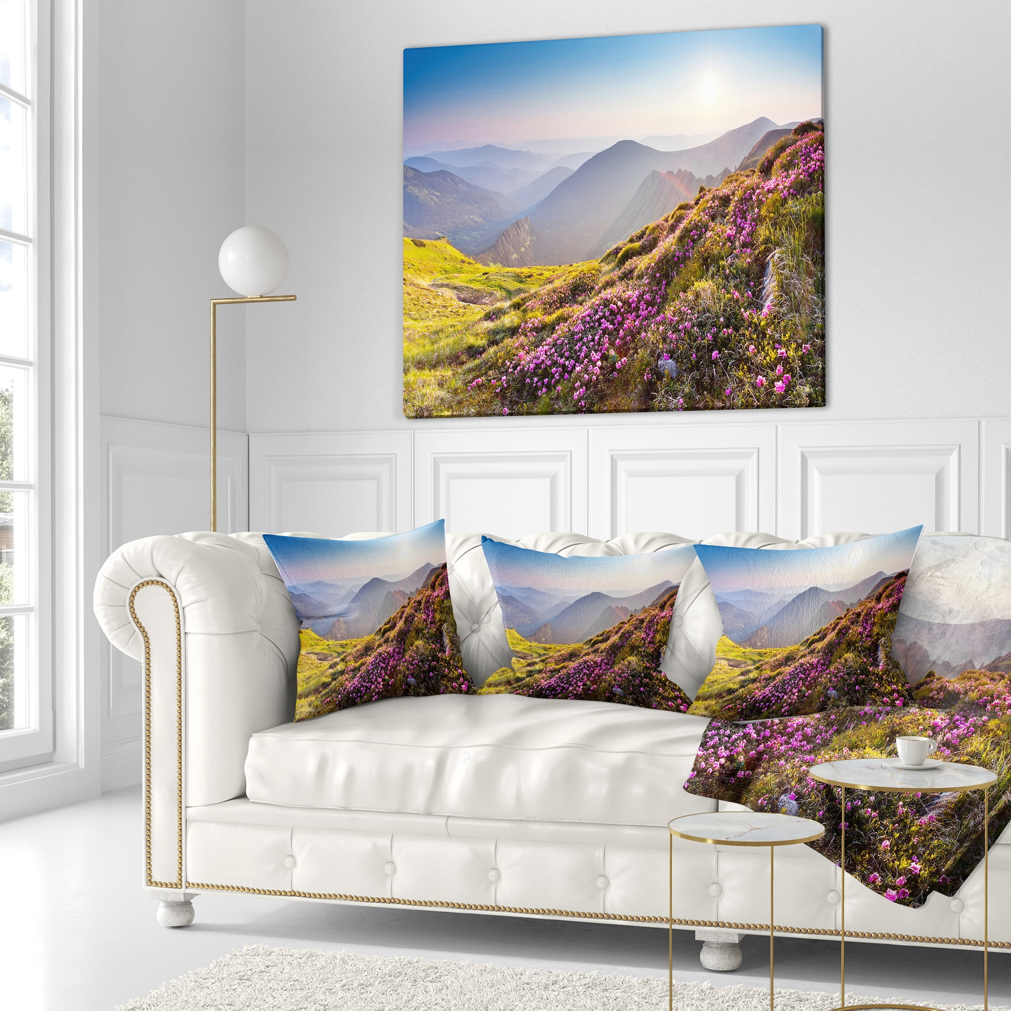 Designart Magic Pink Flowers on Mountains - Landscape Photography Throw Pillow - 18x18