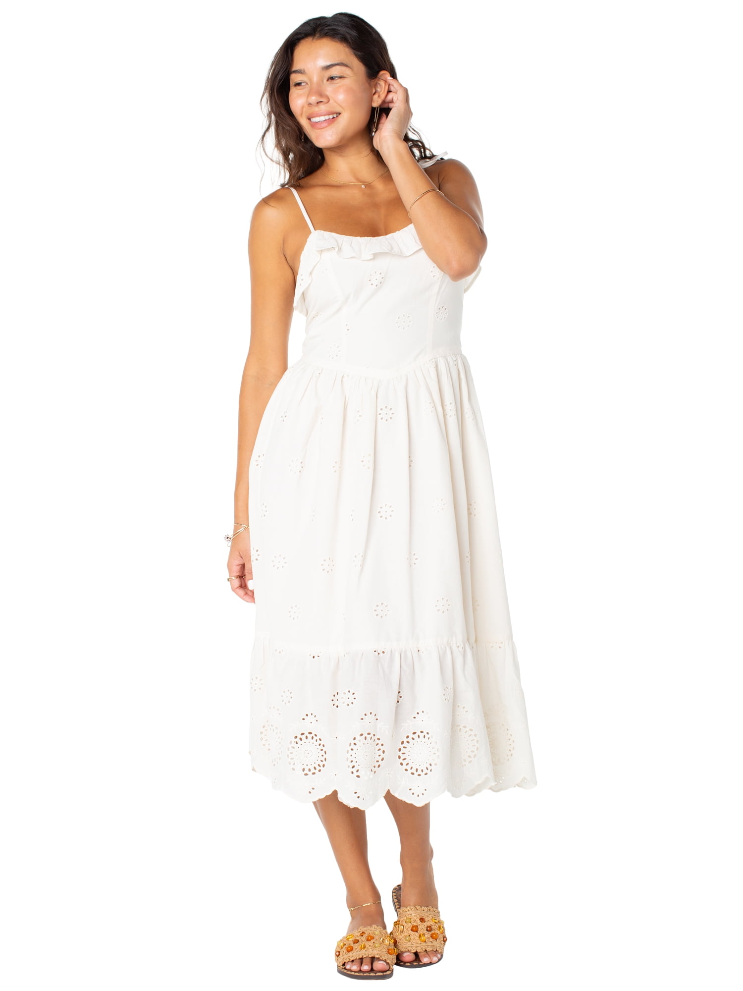 Celebrity Pink Women's Tie Strap Eyelet Midi Dress, Sizes XS-XXXL