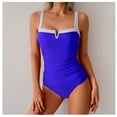 thumbnail image 6 of Womens Color Block Swimwear Notch Neck One Piece Swimsuits for Women Tummy-Control Ruched High Cut Swimming Suits Blue, XL, 6 of 6