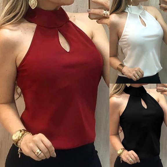QHWAUAKFBN T Shirts For Women Trendy Graphic Sleeveless Halter Hollow Shirt Pullover Vest Tshirts Top