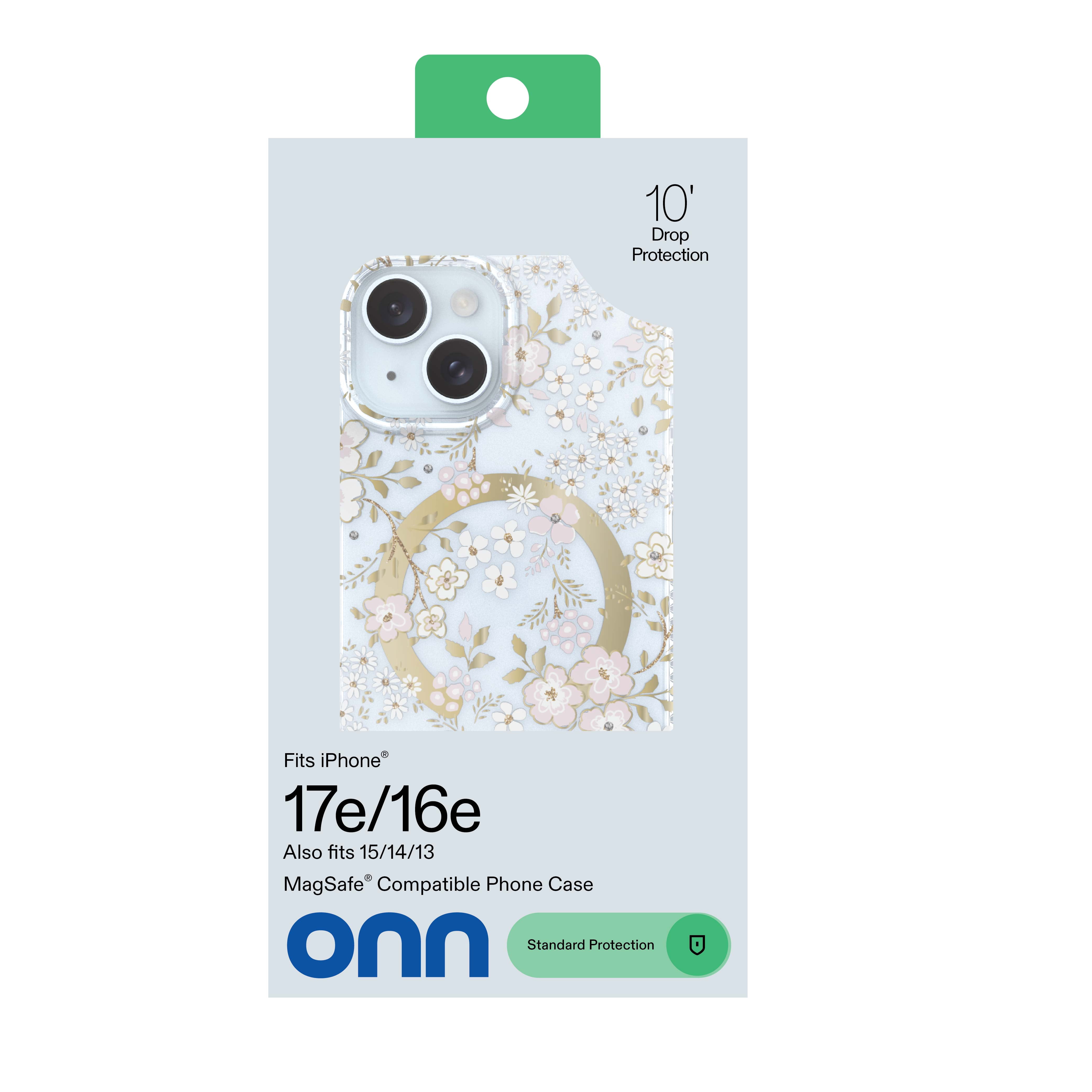 onn Phone Case for iPhone 17e / 16e / 15 / 14 / 13, MagSafe Compatible - Pink & White Floral with Gems