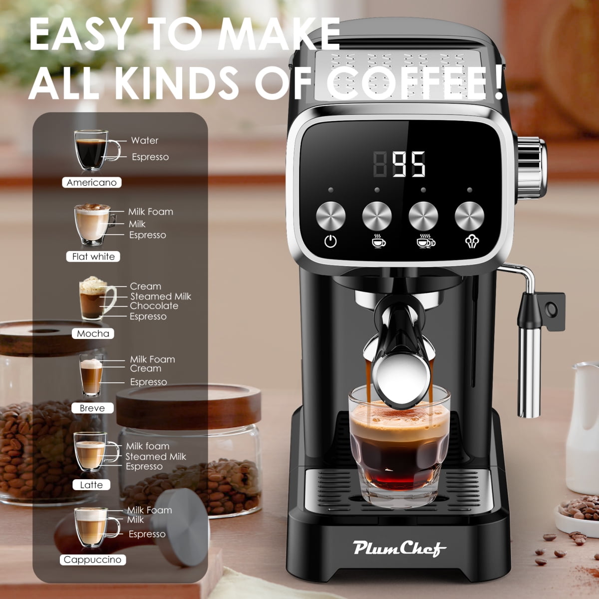 20BAR Slim Vertical Espresso Machine with Milk Frother, Built-in Cup Warmer, 43 OZ Detachable Tank, for Rich Espresso, Americano, Latte, Compact Space-Saving Design, Screen Button,Black