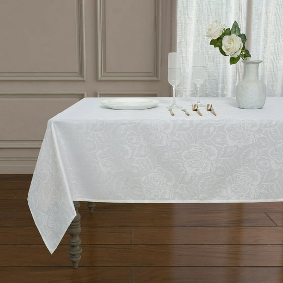 Kate Aurora Shabby Chic Floral Fabric Tablecloth - White, 104 in. Long (8-10 Chairs)