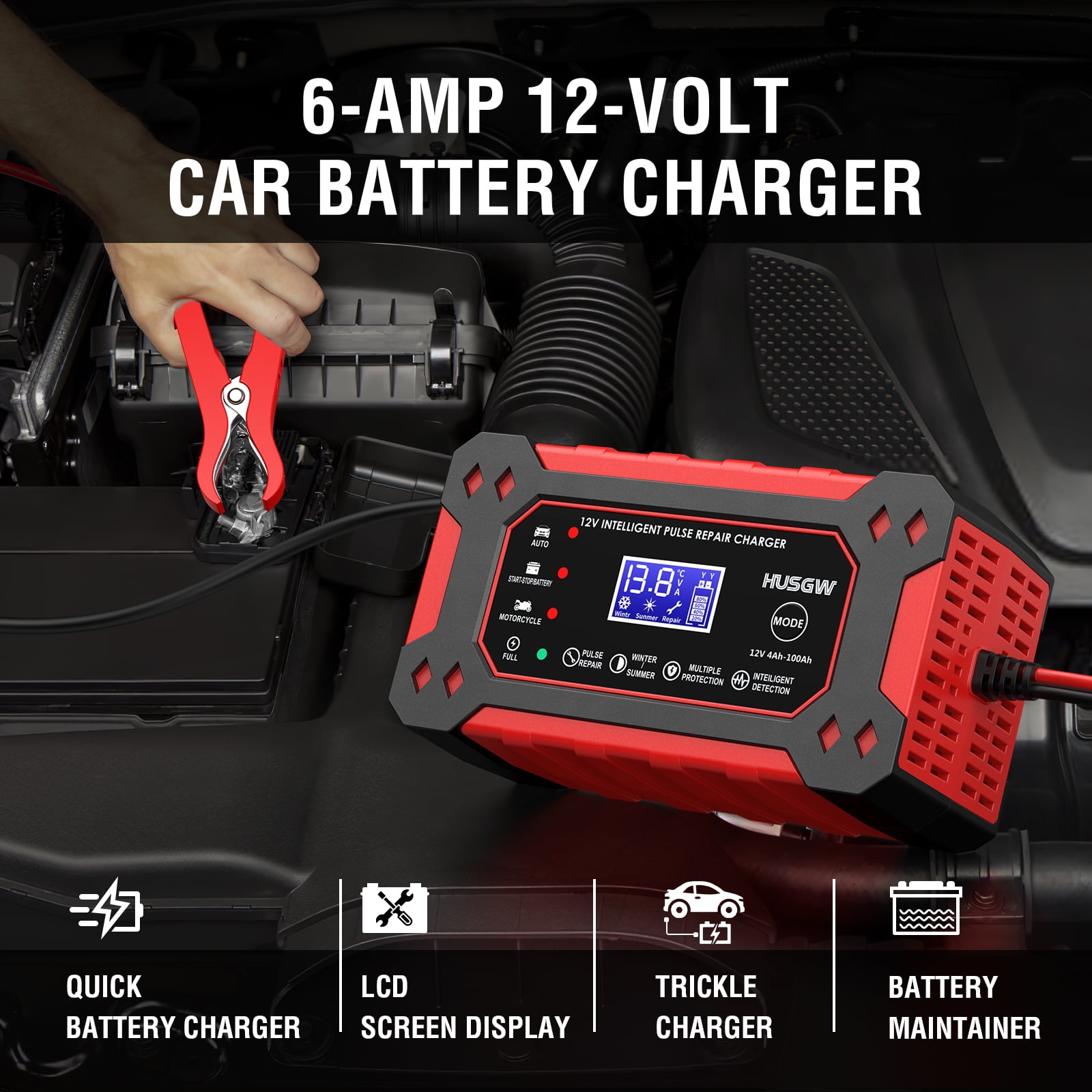 HUSGW 12V6A Car And Motorcycle Battery Charger Lead-Acid Battery Smart Charger Battery Repair Activation Charger