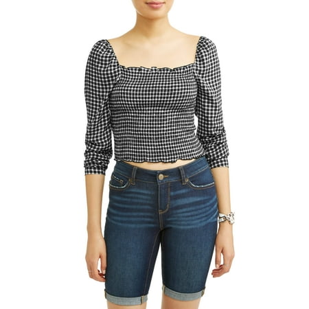 - Juniors' Printed Smocked Puff Long Sleeve Cropped Blouse